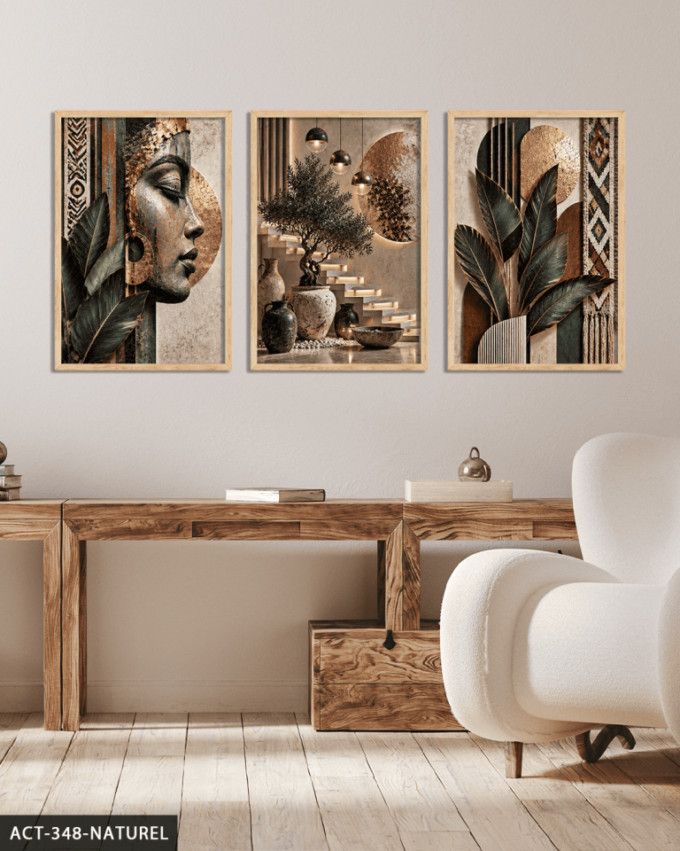 Afrikalı Kadın ve Yaprak 3 Parça Ahşap Çerçeveli Tablo ACT Naturel - 30 x 40 CM