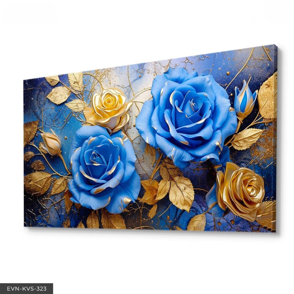 Mavi Gold Çiçekler Tek Parça Kanvas - Canvas Tablo