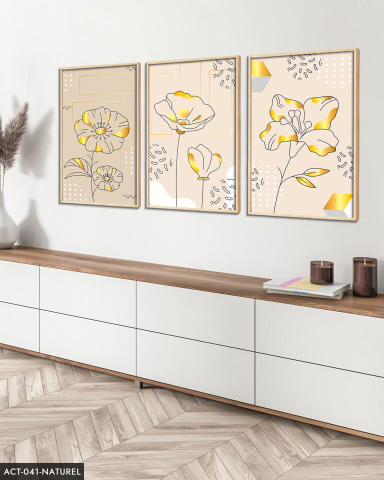 Çizim Çiçek 3 Parça Ahşap Çerçeveli Tablo ACT Naturel - 20 x 30 CM