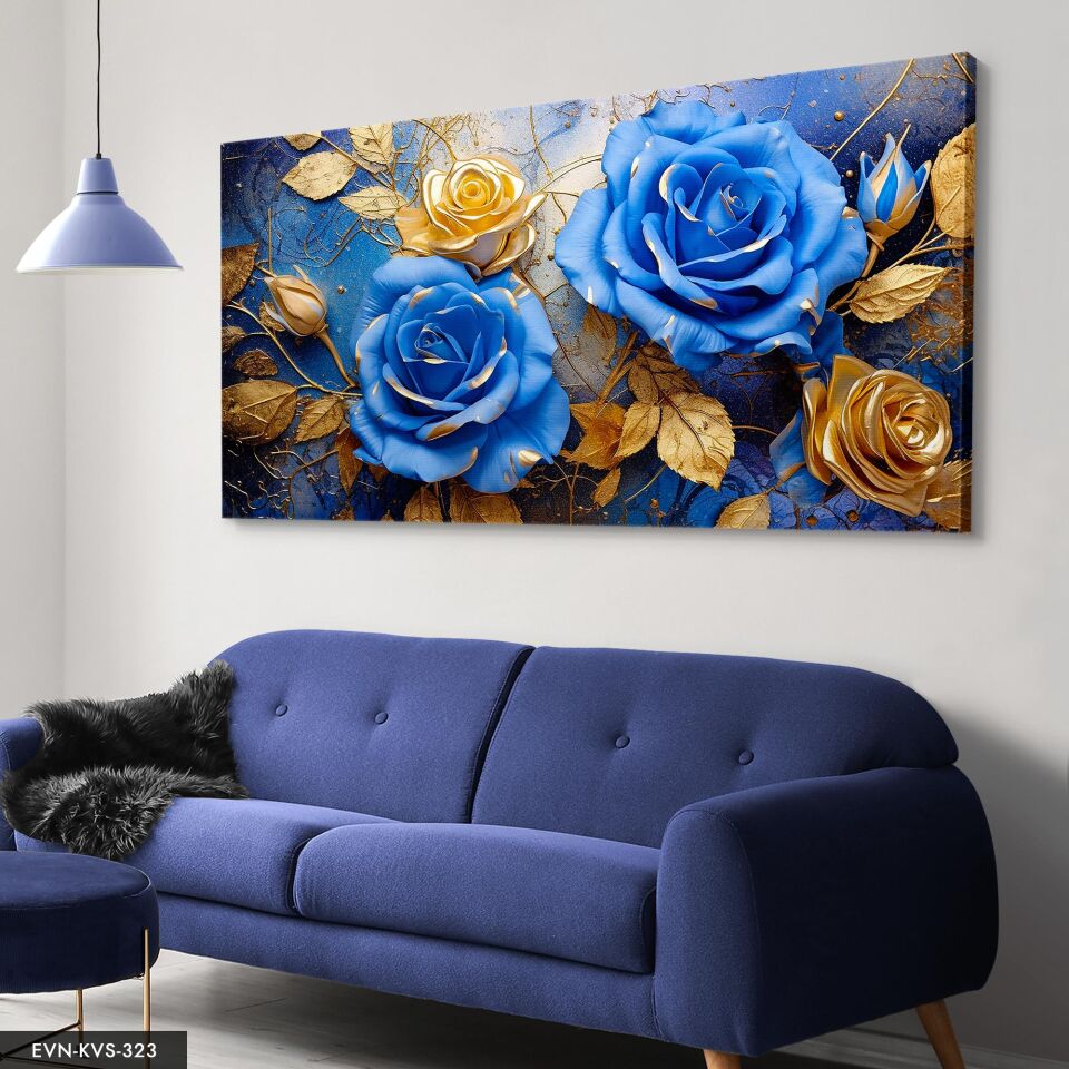 Mavi Gold Çiçekler Tek Parça Kanvas - Canvas Tablo