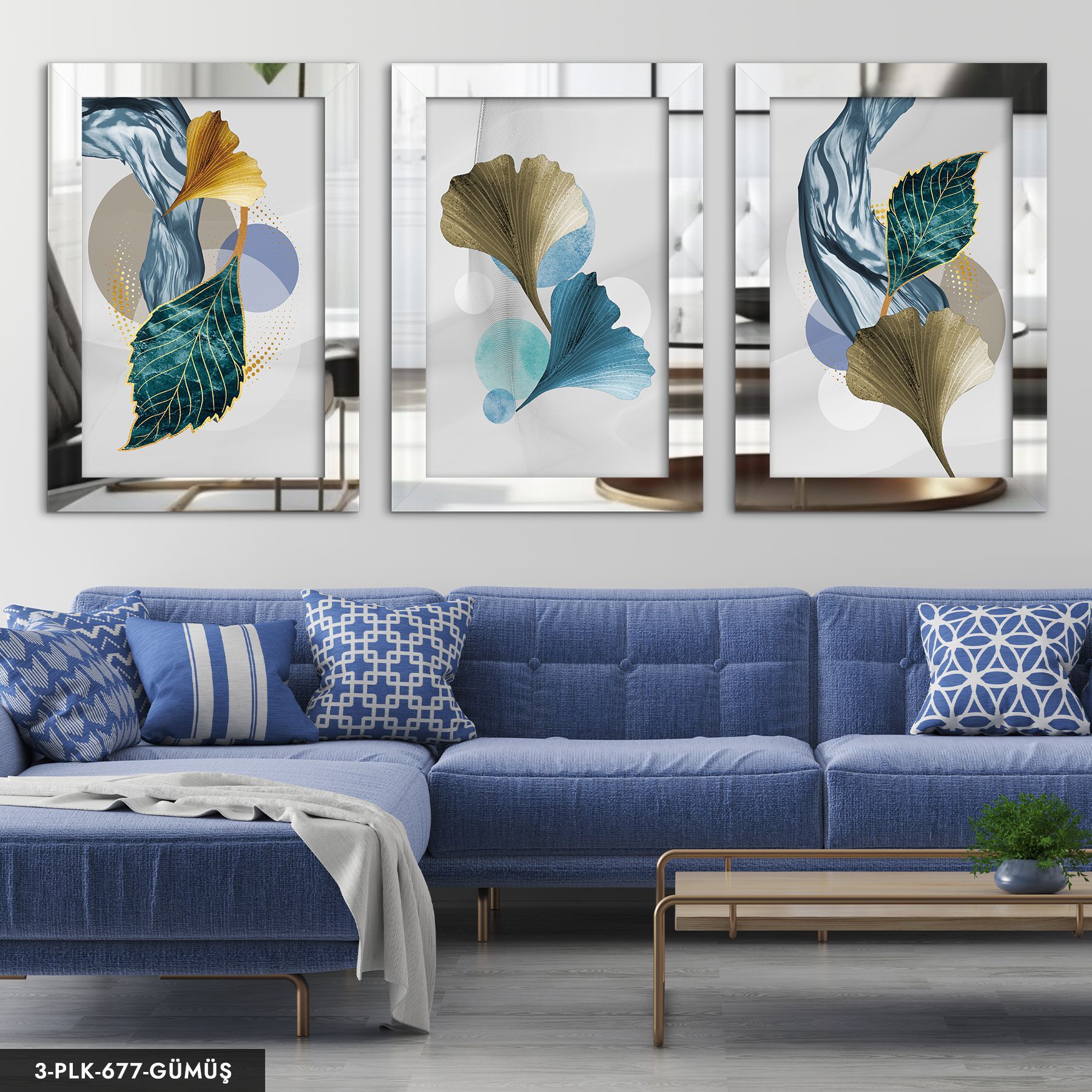 Dalgalı Çizgiler ve Renkli Yapraklar 3 Parça Pleksi Aynalı Tablo 50 x 70 CM - Gümüş