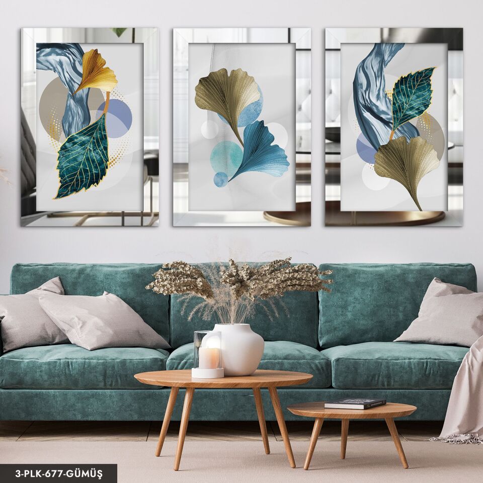 Dalgalı Çizgiler ve Renkli Yapraklar 3 Parça Pleksi Aynalı Tablo 50 x 70 CM - Gümüş