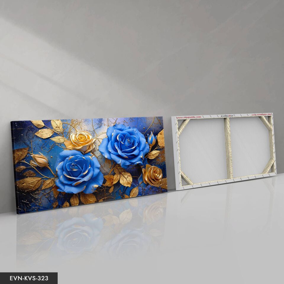Mavi Gold Çiçekler Tek Parça Kanvas - Canvas Tablo