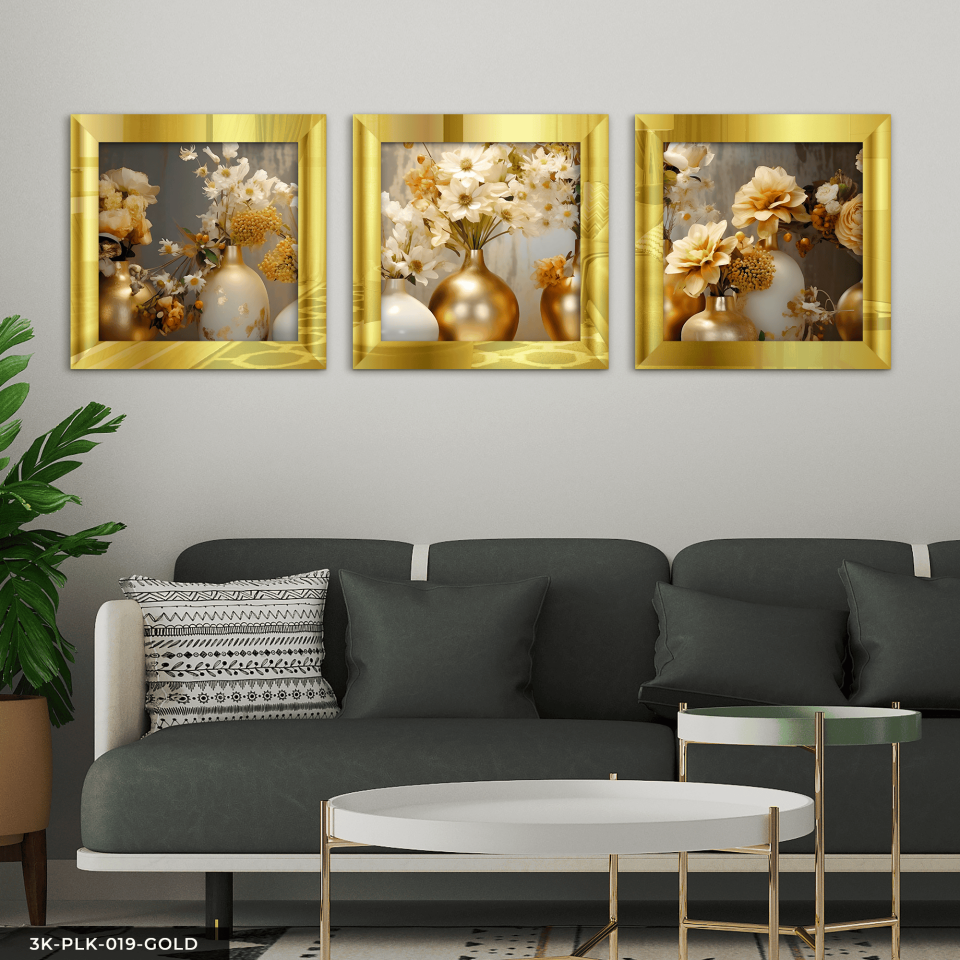 Gold Vazoda Çiçekler 3 Parça Gold Pleksi Aynalı Çerçeveli Tablo