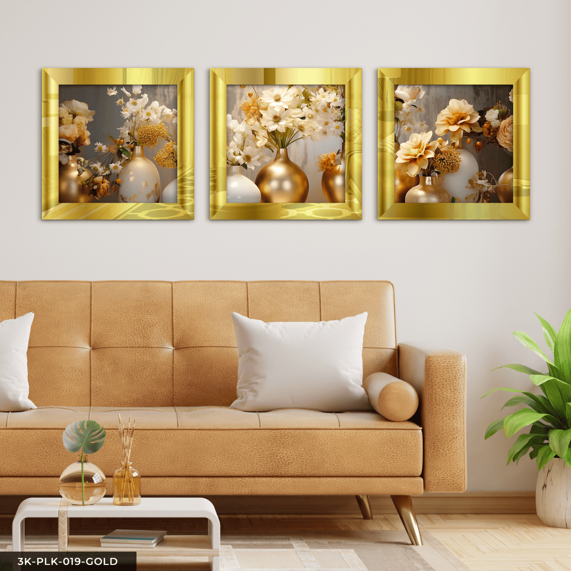 Gold Vazoda Çiçekler 3 Parça Gold Pleksi Aynalı Çerçeveli Tablo