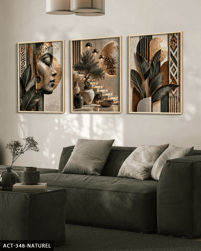 Afrikalı Kadın ve Yaprak 3 Parça Ahşap Çerçeveli Tablo ACT Naturel - 40 x 60 CM