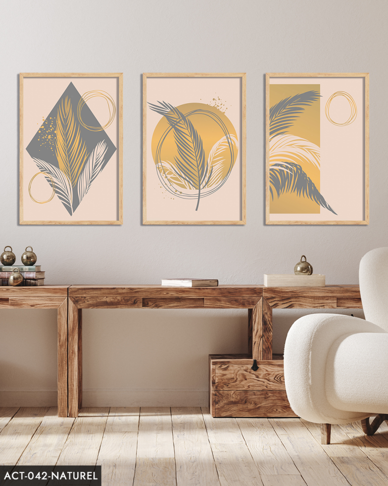 Sanatsal Tüy Desen 3 Parça Ahşap Çerçeveli Tablo ACT Naturel - 20 x 30 CM