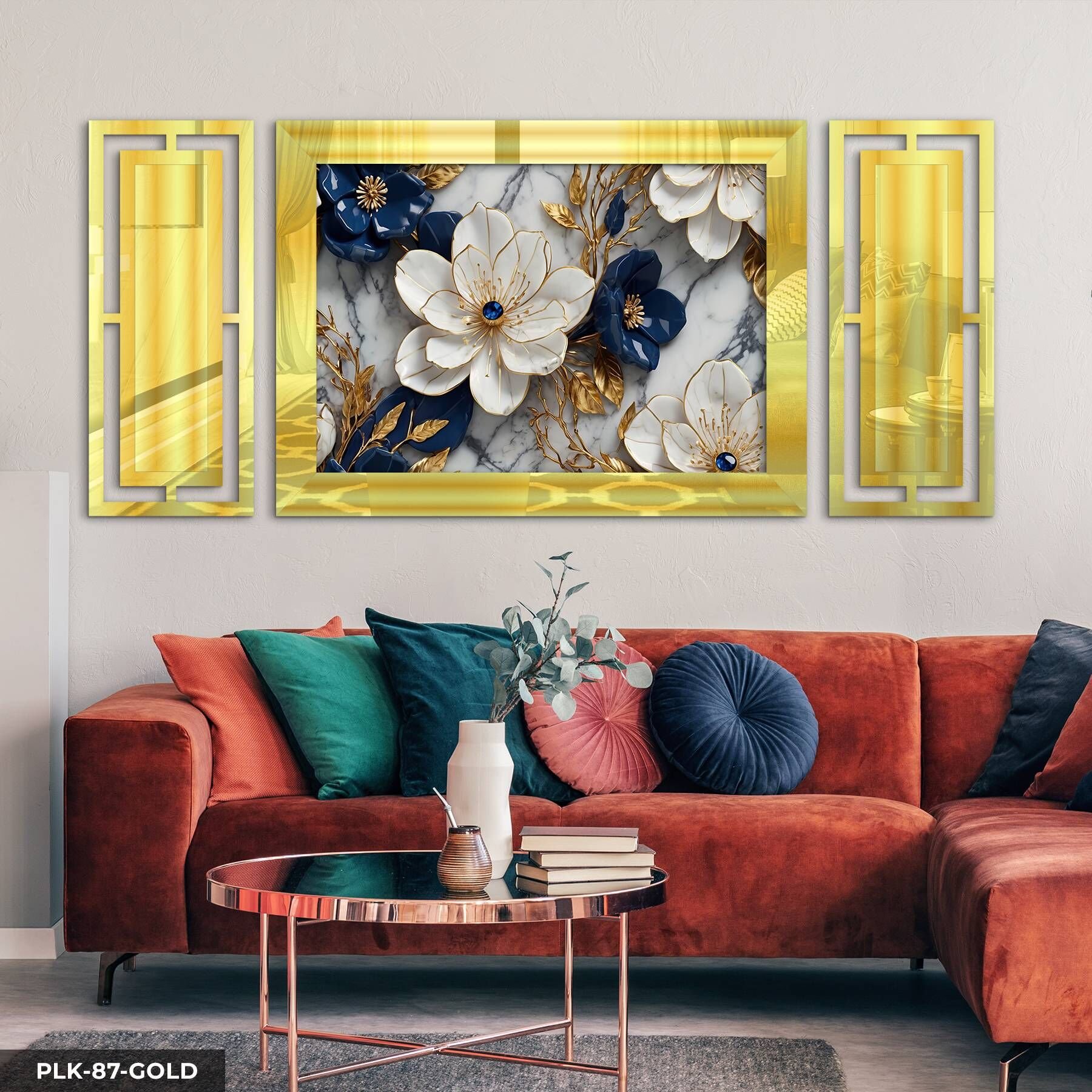 Gold Detaylı Mavi Beyaz Çiçek Yan Dekorlu 3 Parça Pleksi Tablo DKRPLK 130 x 25 CM - Gold