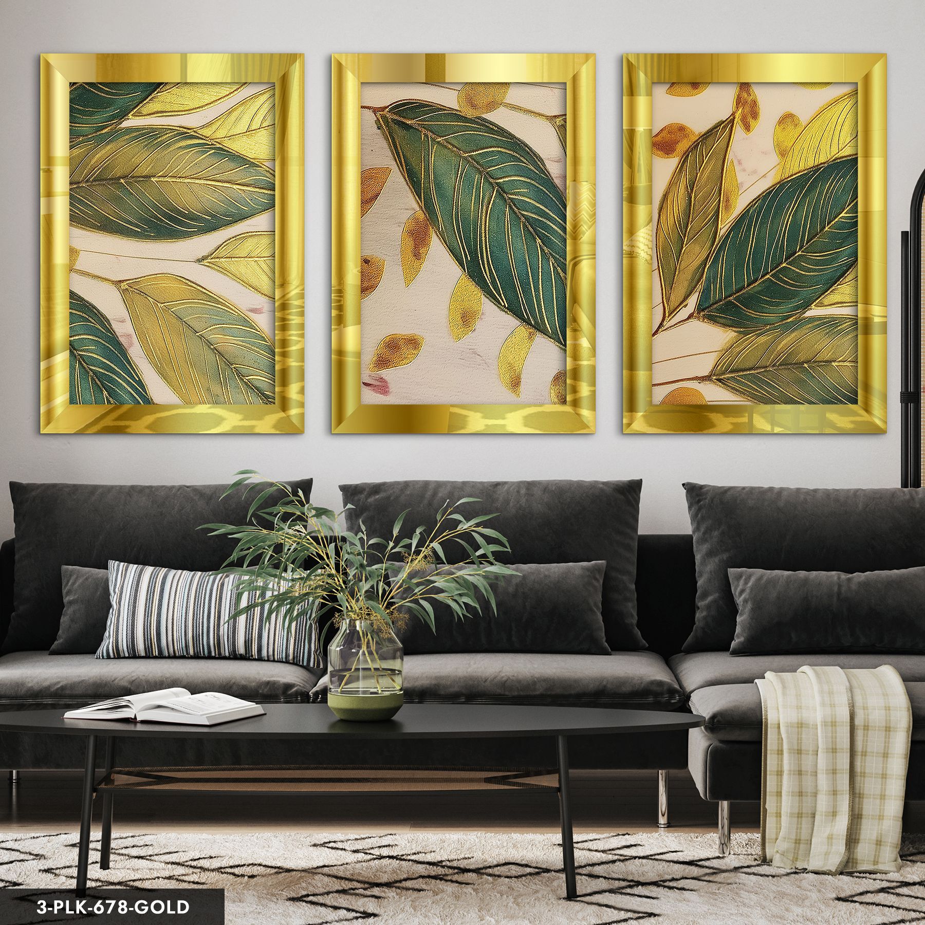 Gold Çizgili Yeşil Yaprak 3 Parça Pleksi Aynalı Tablo 50 x 70 CM - Gold