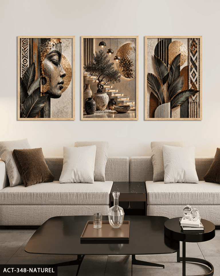 Afrikalı Kadın ve Yaprak 3 Parça Ahşap Çerçeveli Tablo ACT Naturel - 50 x 70 CM