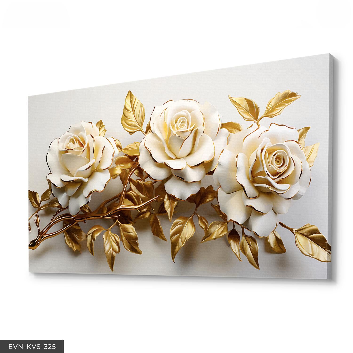 Gold Yapraklı Beyaz Çiçek Tek Parça Kanvas - Canvas Tablo 40 x 30 CM - Çok Renkli