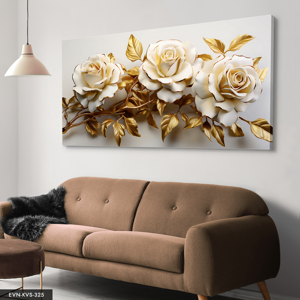 Gold Yapraklı Beyaz Çiçek Tek Parça Kanvas - Canvas Tablo 140 x 90 CM - Çok Renkli
