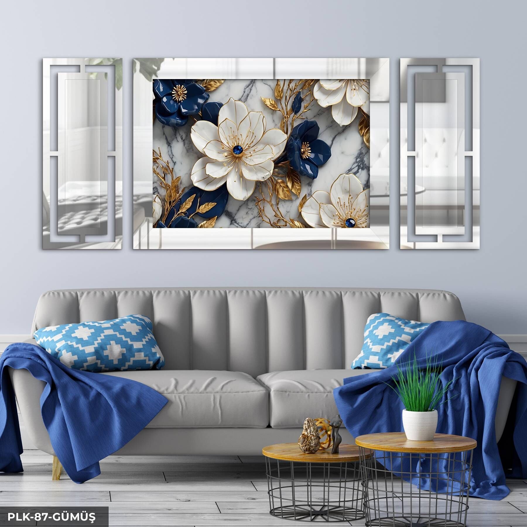 Gold Detaylı Mavi Beyaz Çiçek Yan Dekorlu 3 Parça Pleksi Tablo DKRPLK 130 x 25 CM - Gümüş