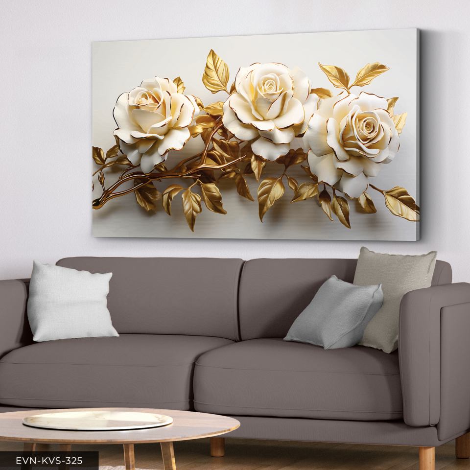 Gold Yapraklı Beyaz Çiçek Tek Parça Kanvas - Canvas Tablo 140 x 90 CM - Çok Renkli