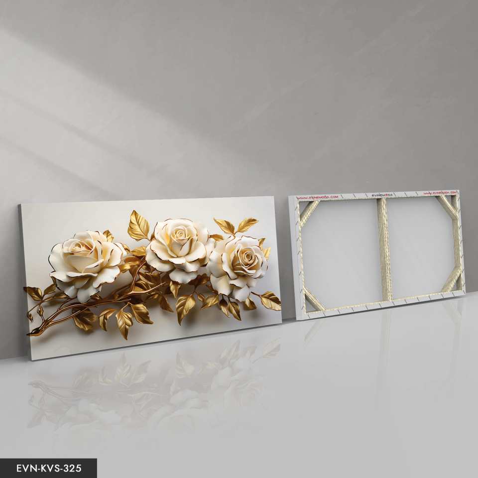 Gold Yapraklı Beyaz Çiçek Tek Parça Kanvas - Canvas Tablo 140 x 90 CM - Çok Renkli