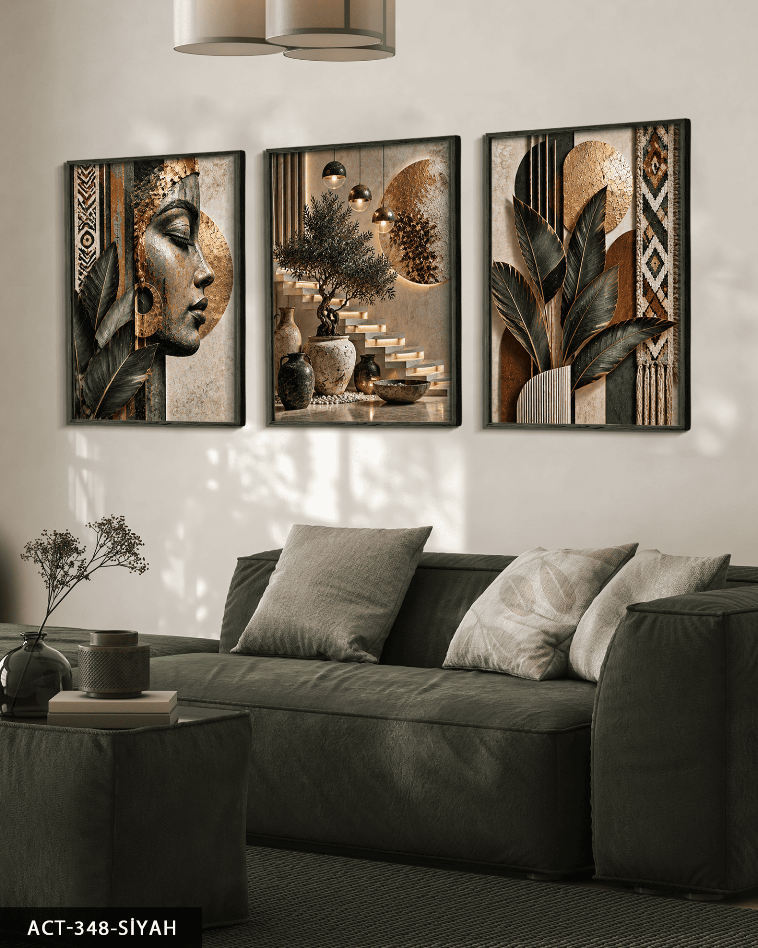 Afrikalı Kadın ve Yaprak 3 Parça Ahşap Çerçeveli Tablo ACT Siyah - 30 x 40 CM