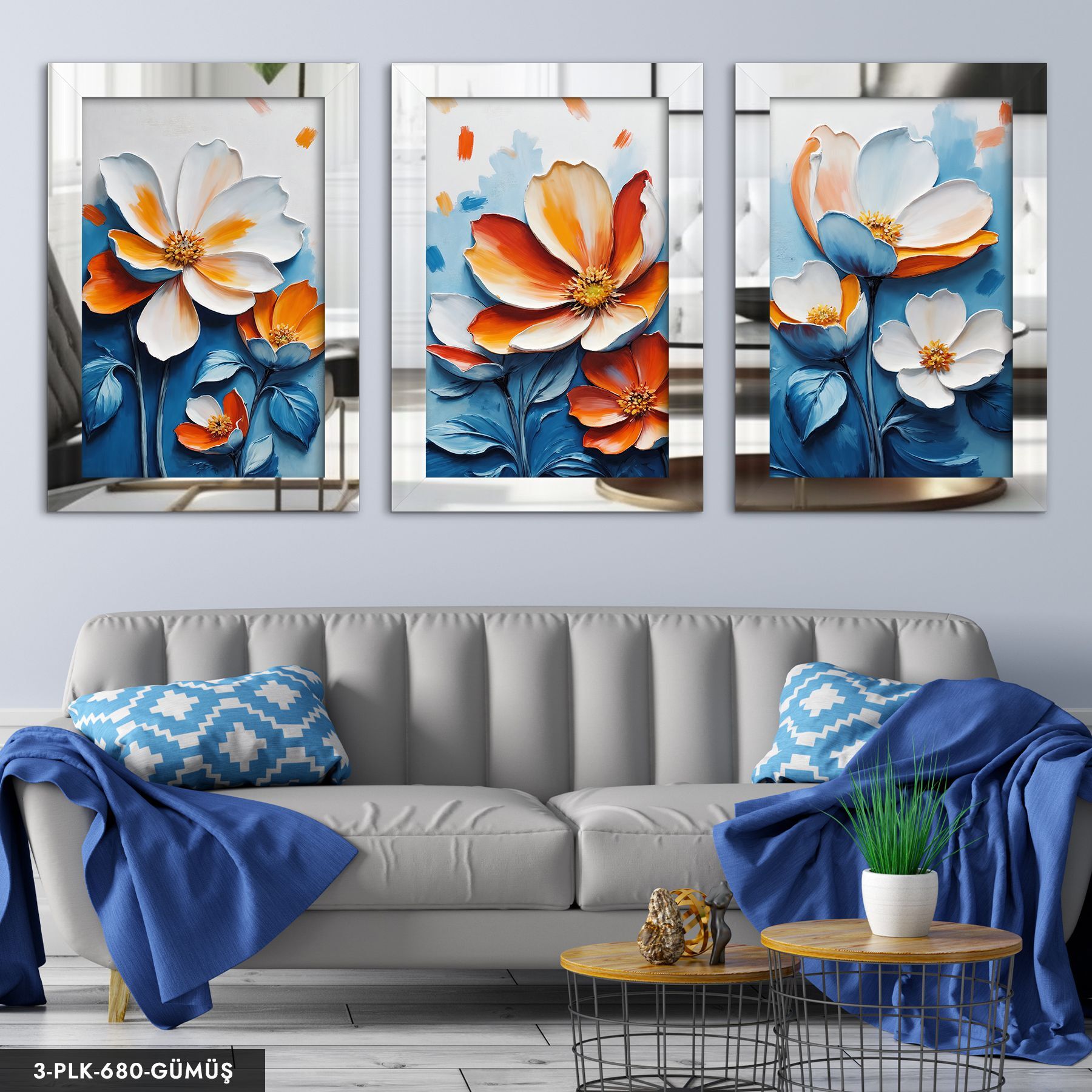 Mavi Yapraklı Turuncu Çiçek 3 Parça Pleksi Aynalı Tablo 50 x 70 CM - Gümüş