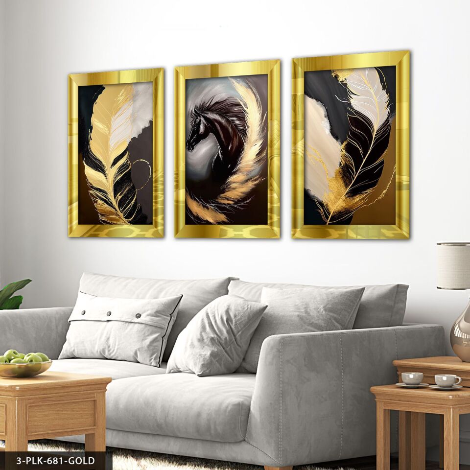 Siyah At ve Gold Tüy 3 Parça Pleksi Aynalı Tablo 50 x 70 CM - Gold
