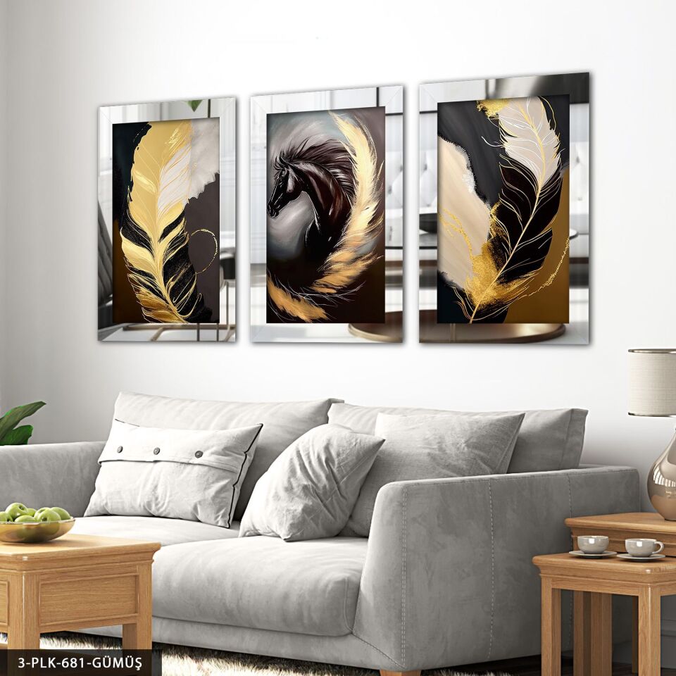 Siyah At ve Gold Tüy 3 Parça Pleksi Aynalı Tablo 50 x 70 CM - Gümüş