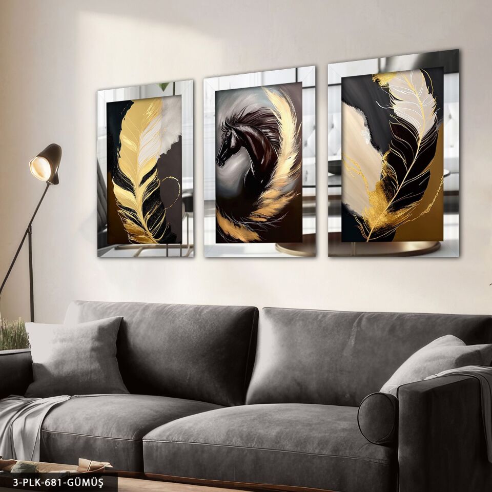 Siyah At ve Gold Tüy 3 Parça Pleksi Aynalı Tablo 50 x 70 CM - Gümüş
