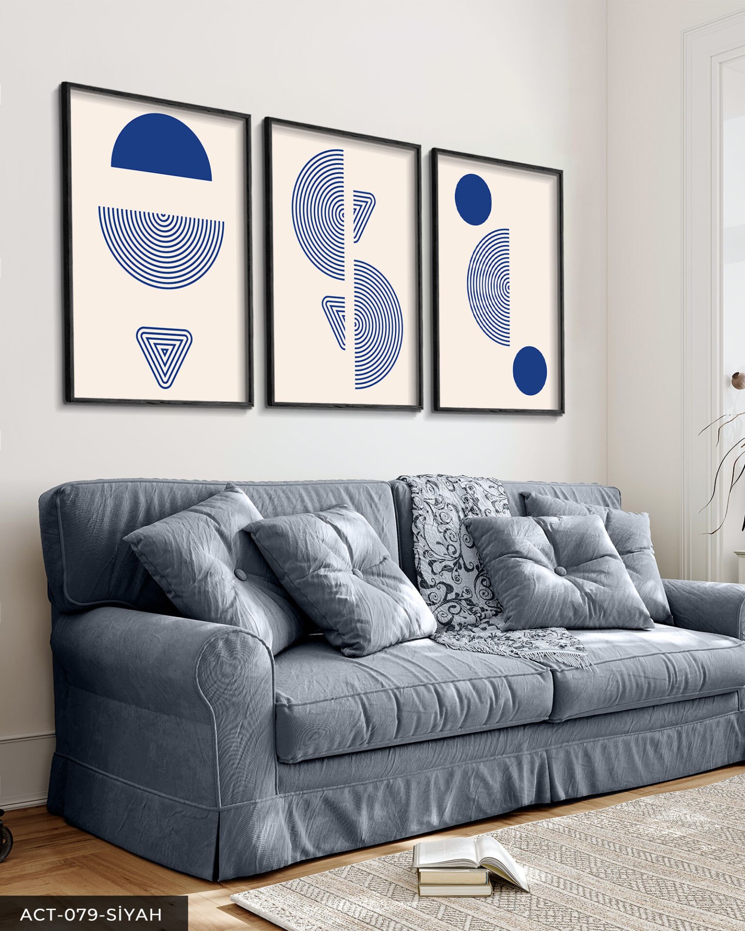 Mavi Soyut Desen 3 Parça Ahşap Çerçeveli Tablo Siyah - 30 x 40 CM