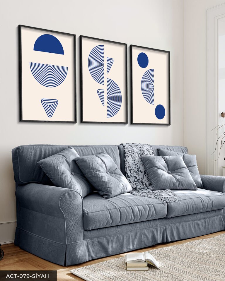 Mavi Soyut Desen 3 Parça Ahşap Çerçeveli Tablo Siyah - 30 x 40 CM
