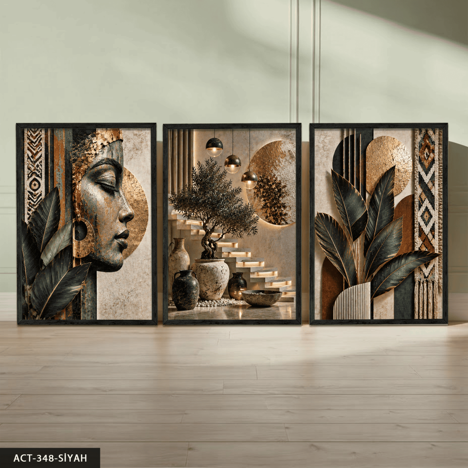 Afrikalı Kadın ve Yaprak 3 Parça Ahşap Çerçeveli Tablo ACT Siyah - 40 x 60 CM