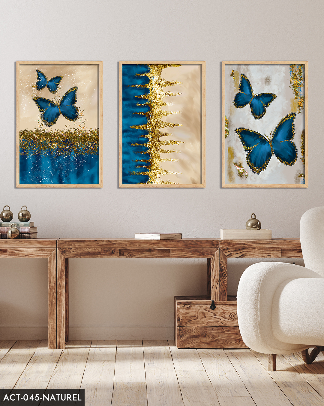 Mavi Kelebek Gold Işıltılı 3 Parça Ahşap Çerçeveli Tablo ACT Naturel - 20 x 30 CM