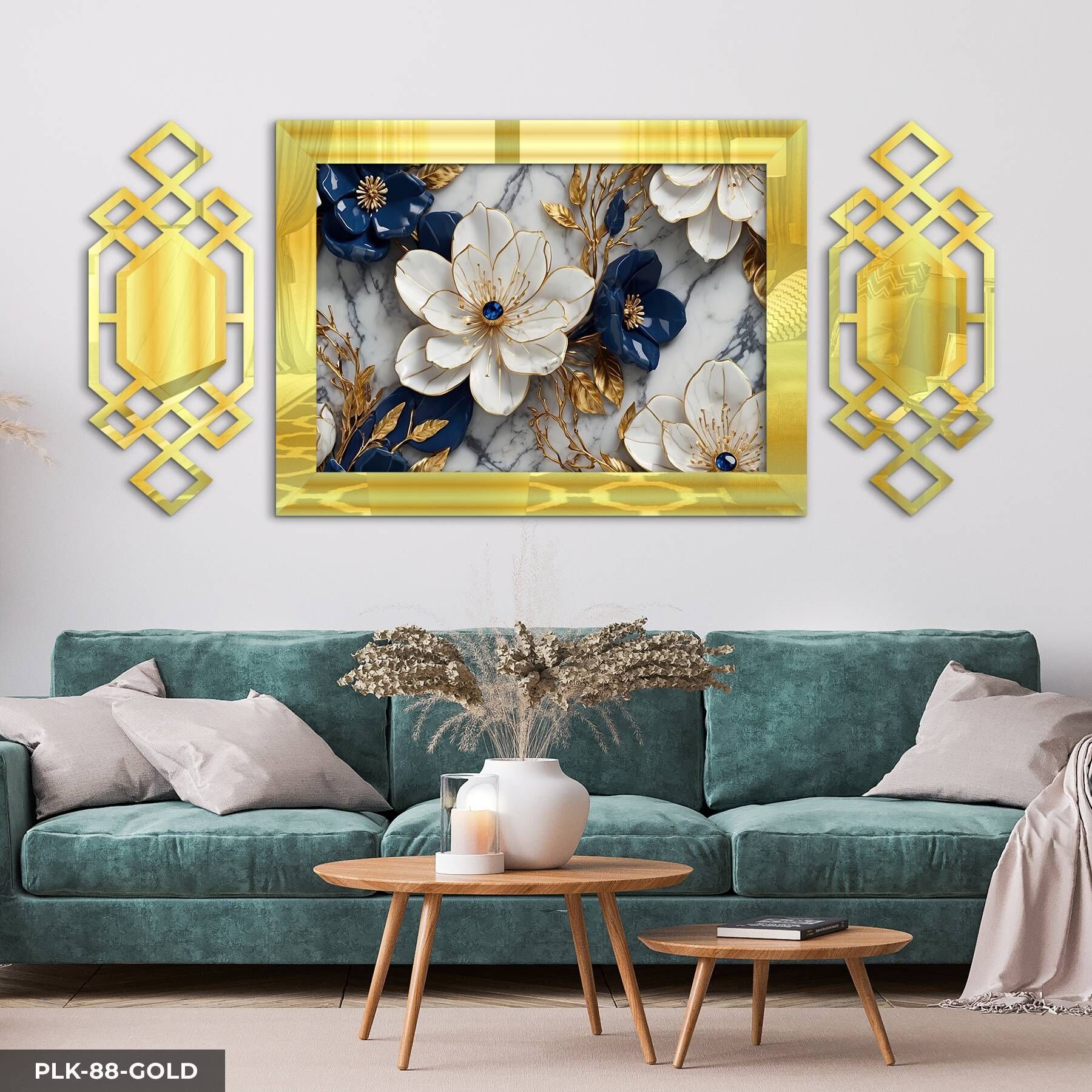 Gold Detaylı Mavi Beyaz Çiçek Yan Dekorlu 3 Parça Pleksi Tablo DKRPLK 130 x 25 CM - Gold