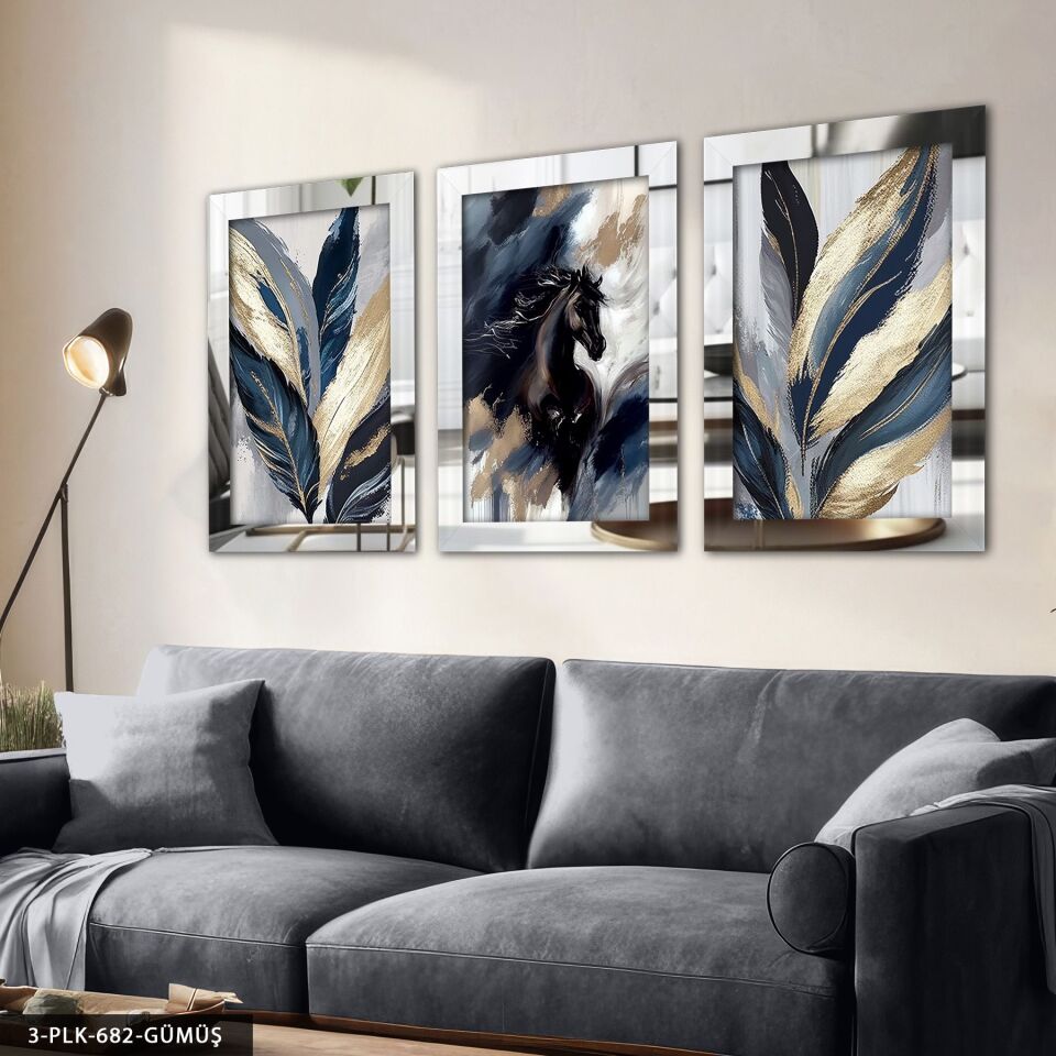 Siyah At ve Yaprak 3 Parça Pleksi Aynalı Tablo 50 x 70 CM - Gümüş