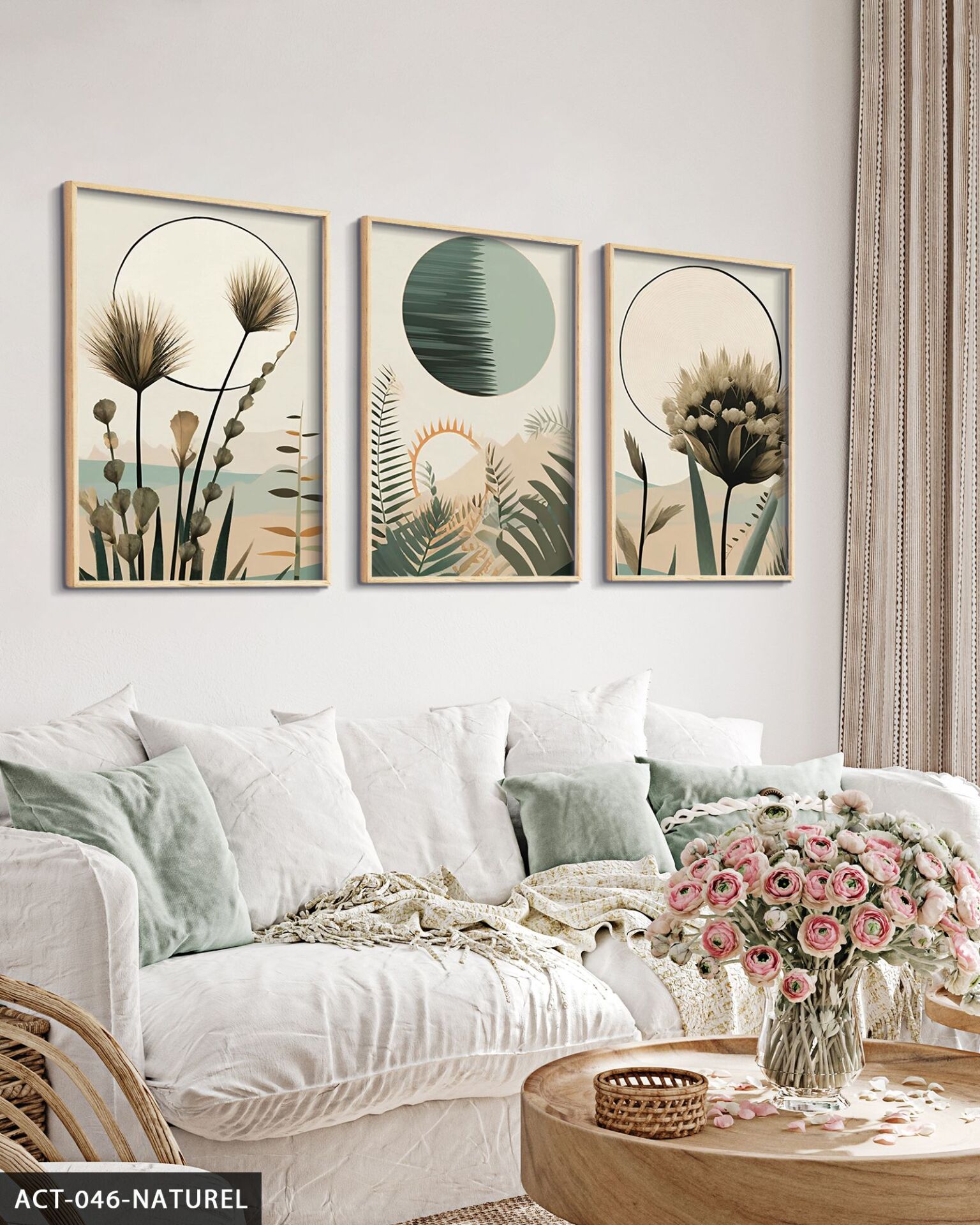 Boho Tarzı Suluboya Görünümlü 3 Parça Ahşap Çerçeveli Tablo ACT Naturel - 20 x 30 CM