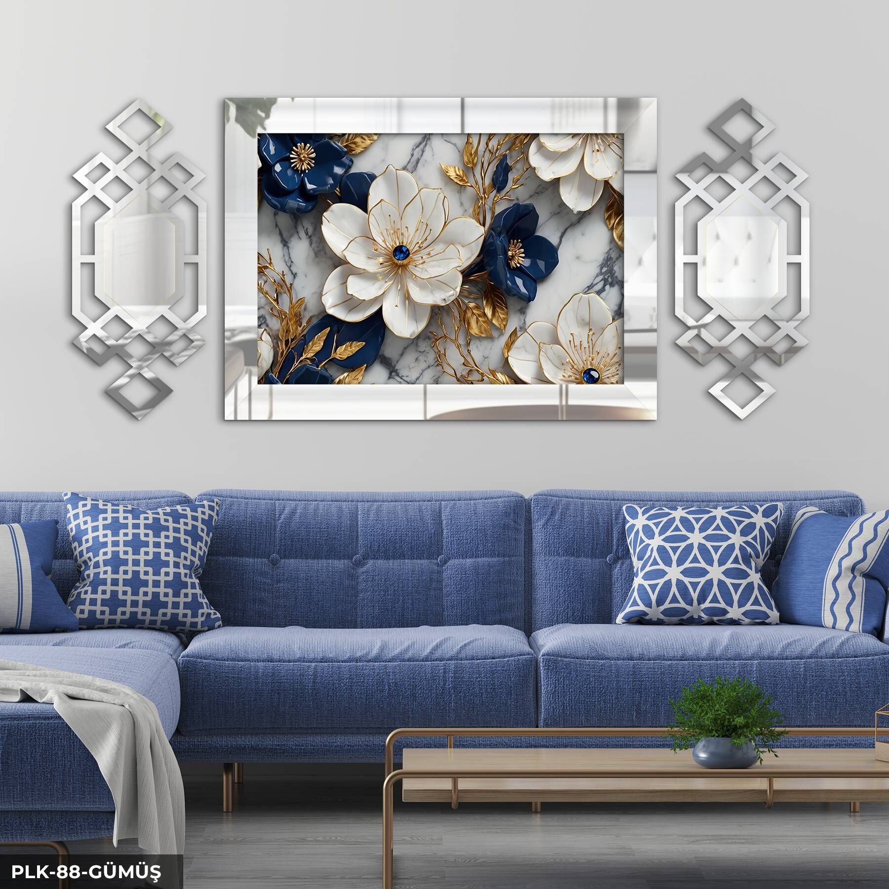 Gold Detaylı Mavi Beyaz Çiçek Yan Dekorlu 3 Parça Pleksi Tablo DKRPLK 130 x 25 CM - Gümüş