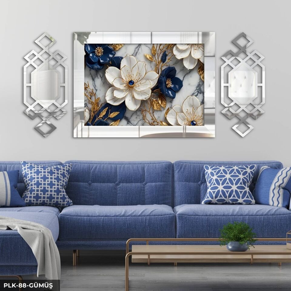 Gold Detaylı Mavi Beyaz Çiçek Yan Dekorlu 3 Parça Pleksi Tablo DKRPLK 130 x 25 CM - Gümüş