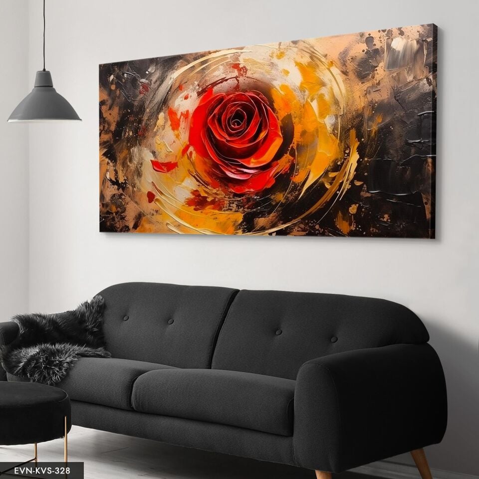 Kırmızı Gül Yağlı Boya Görünümlü Arka Plan Tek Parça Kanvas - Canvas Tablo