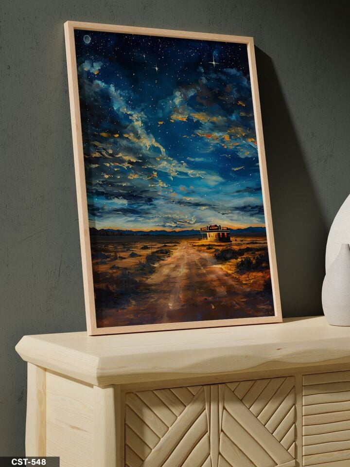 Yıldızlı Gece Tek Parça Ahşap Çerçeveli Tablo Naturel - 50 x 70 CM