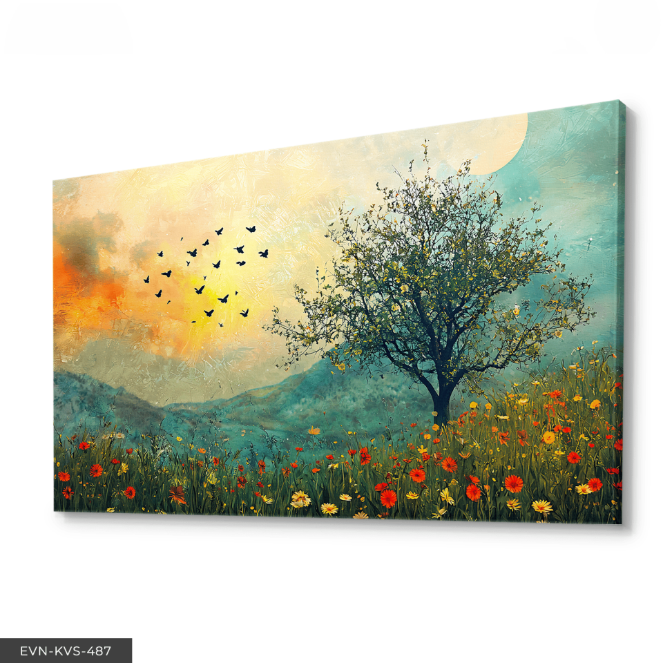 Ağaç ve Kuşlar Tek Parça Kanvas - Canvas Tablo 65 x 45 CM - Çok Renkli