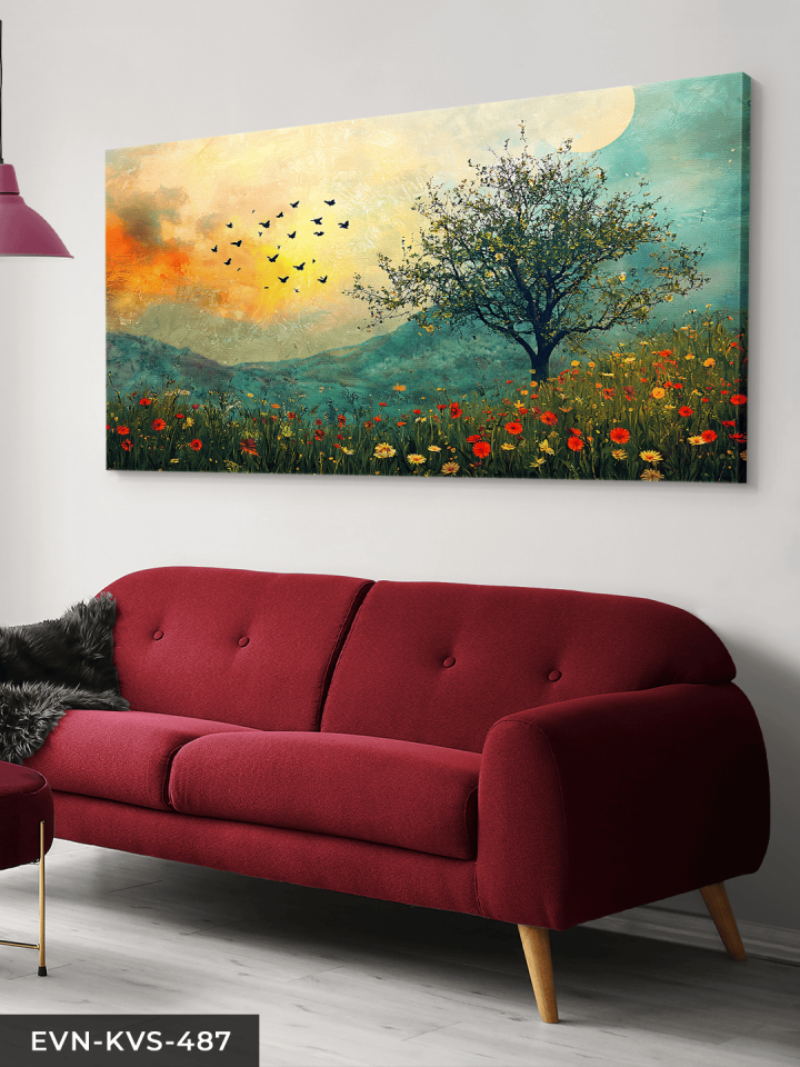 Ağaç ve Kuşlar Tek Parça Kanvas - Canvas Tablo 65 x 45 CM - Çok Renkli