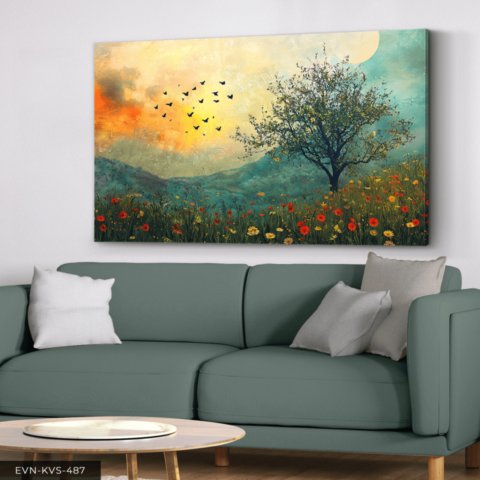 Ağaç ve Kuşlar Tek Parça Kanvas - Canvas Tablo 65 x 45 CM - Çok Renkli