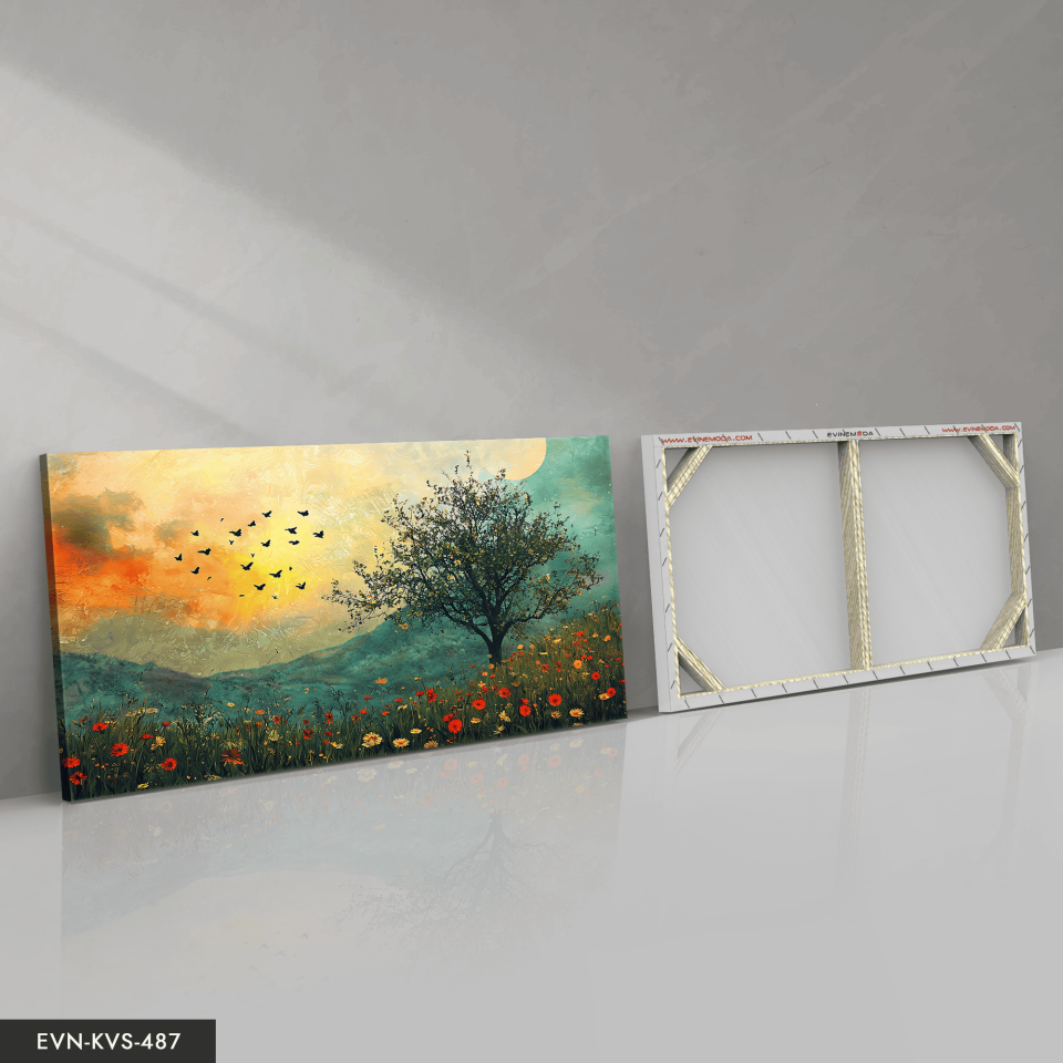 Ağaç ve Kuşlar Tek Parça Kanvas - Canvas Tablo 65 x 45 CM - Çok Renkli