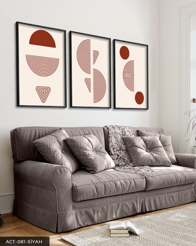 Kırmızı Soyut Desen 3 Parça Ahşap Çerçeveli Tablo Siyah - 30 x 40 CM