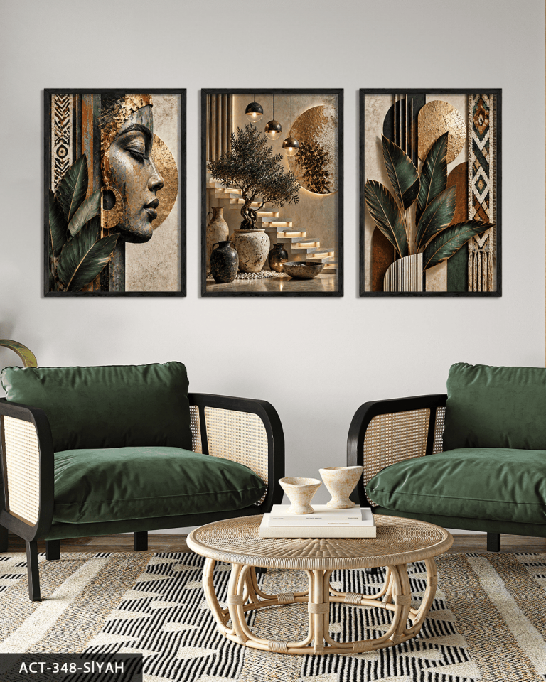 Afrikalı Kadın ve Yaprak 3 Parça Ahşap Çerçeveli Tablo ACT Siyah - 50 x 70 CM