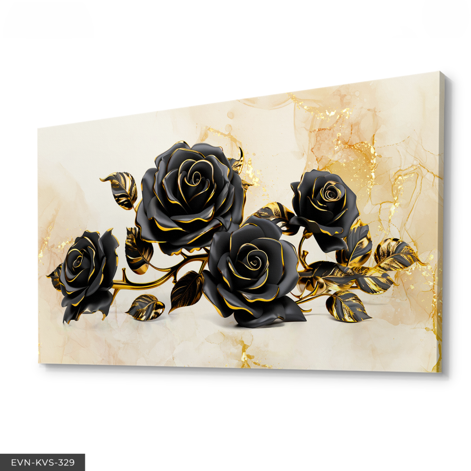 Siyah Gül Gold Detay Tek Parça Kanvas - Canvas Tablo 140 x 90 CM - Çok Renkli