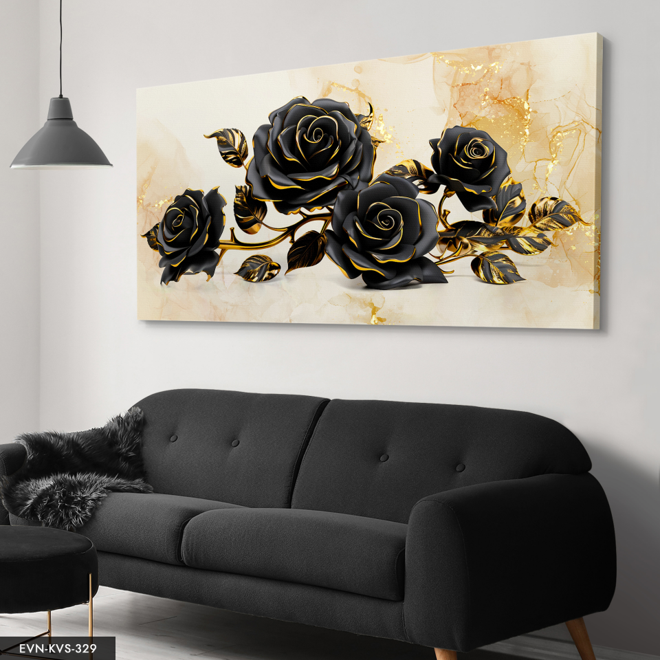 Siyah Gül Gold Detay Tek Parça Kanvas - Canvas Tablo 140 x 90 CM - Çok Renkli