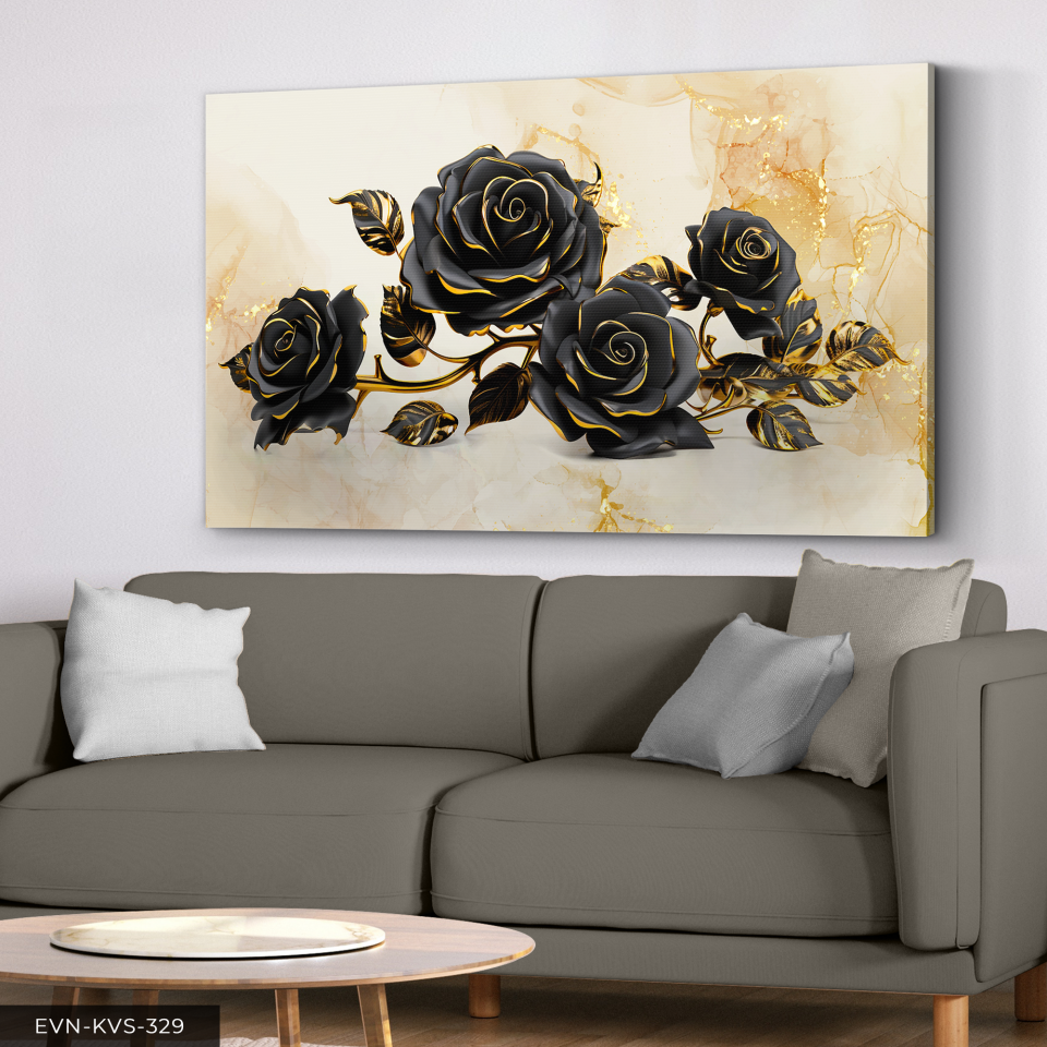 Siyah Gül Gold Detay Tek Parça Kanvas - Canvas Tablo 140 x 90 CM - Çok Renkli