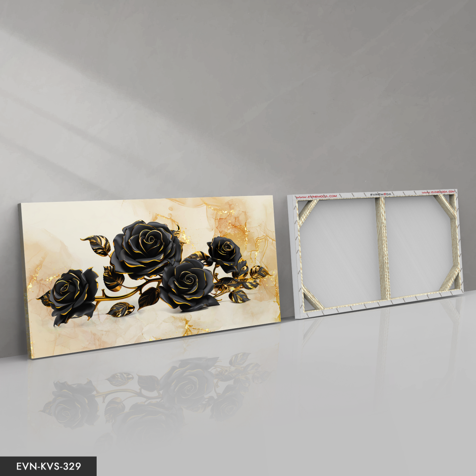Siyah Gül Gold Detay Tek Parça Kanvas - Canvas Tablo 140 x 90 CM - Çok Renkli