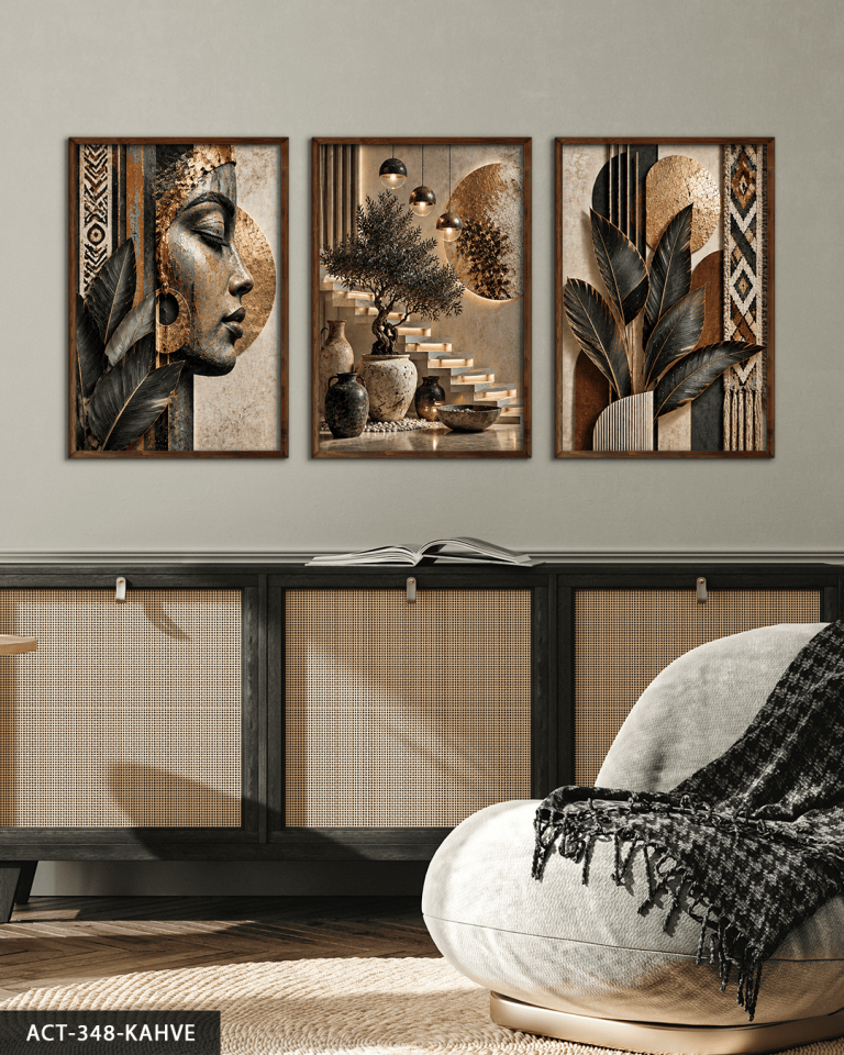 Afrikalı Kadın ve Yaprak 3 Parça Ahşap Çerçeveli Tablo ACT Kahverengi - 30 x 40 CM