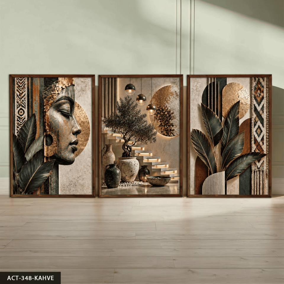 Afrikalı Kadın ve Yaprak 3 Parça Ahşap Çerçeveli Tablo ACT Kahverengi - 30 x 40 CM