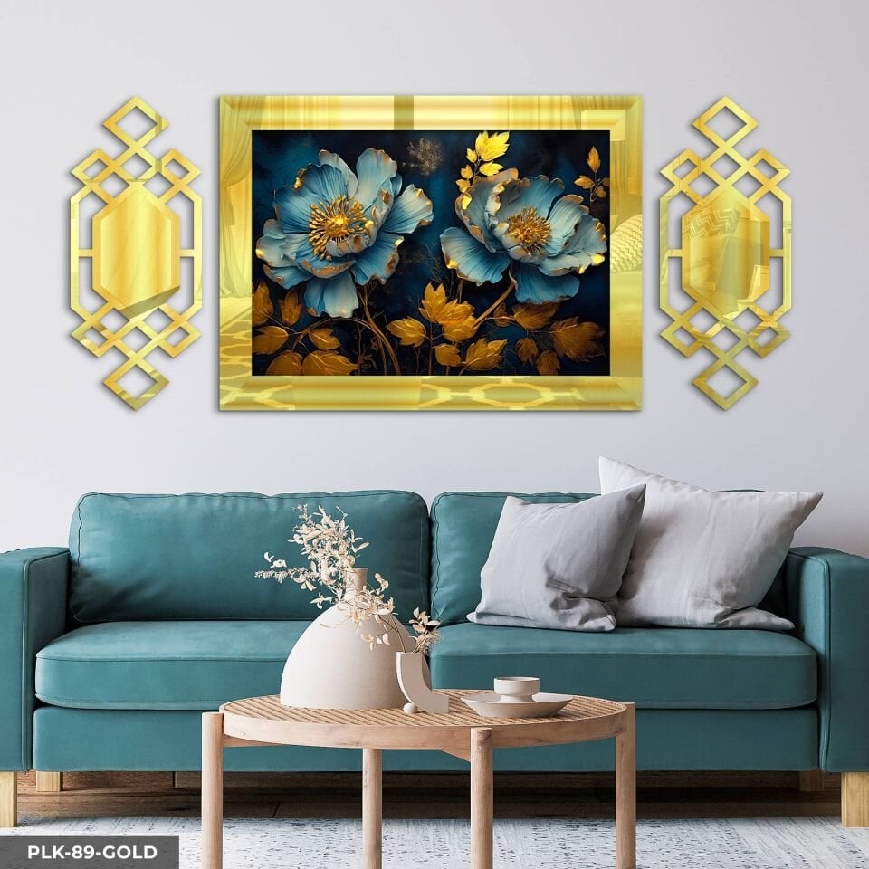 Gold Yapraklı Mavi Çiçek Yan Dekorlu 3 Parça Pleksi Tablo DKRPLK 130 x 25 CM - Gold