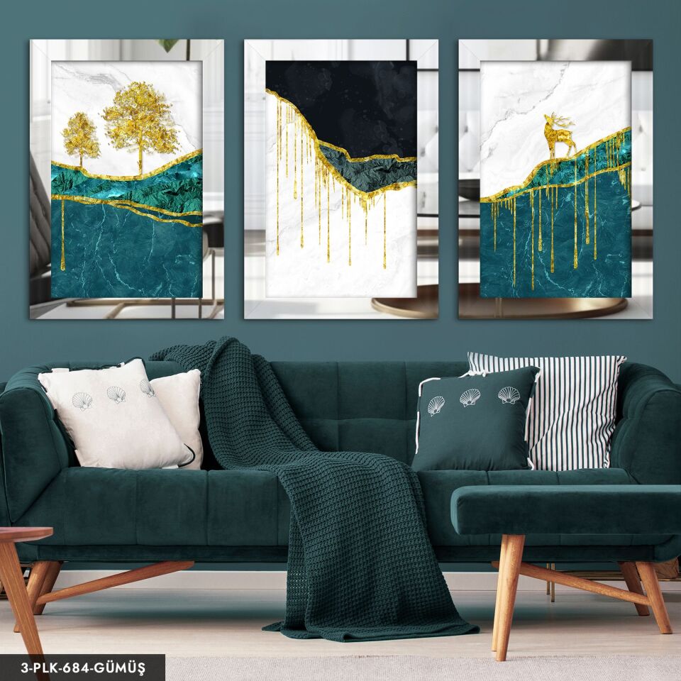 Gold Ağaç ve Geyik 3 Parça Pleksi Aynalı Tablo 50 x 70 CM - Gümüş