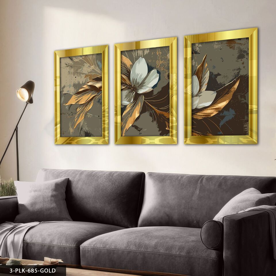 Yağlı Boya Görünümlü Gold Yapraklı Çiçek 3 Parça Pleksi Aynalı Tablo 50 x 70 CM - Gold